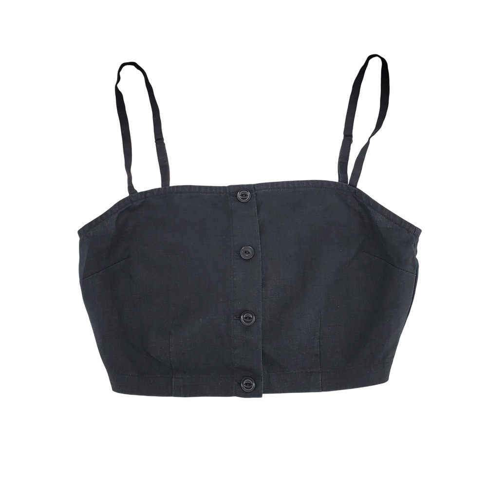 Outerknown Womens XS Eclipse Tank Button Front Crop Top Black 100% Linen 2320022